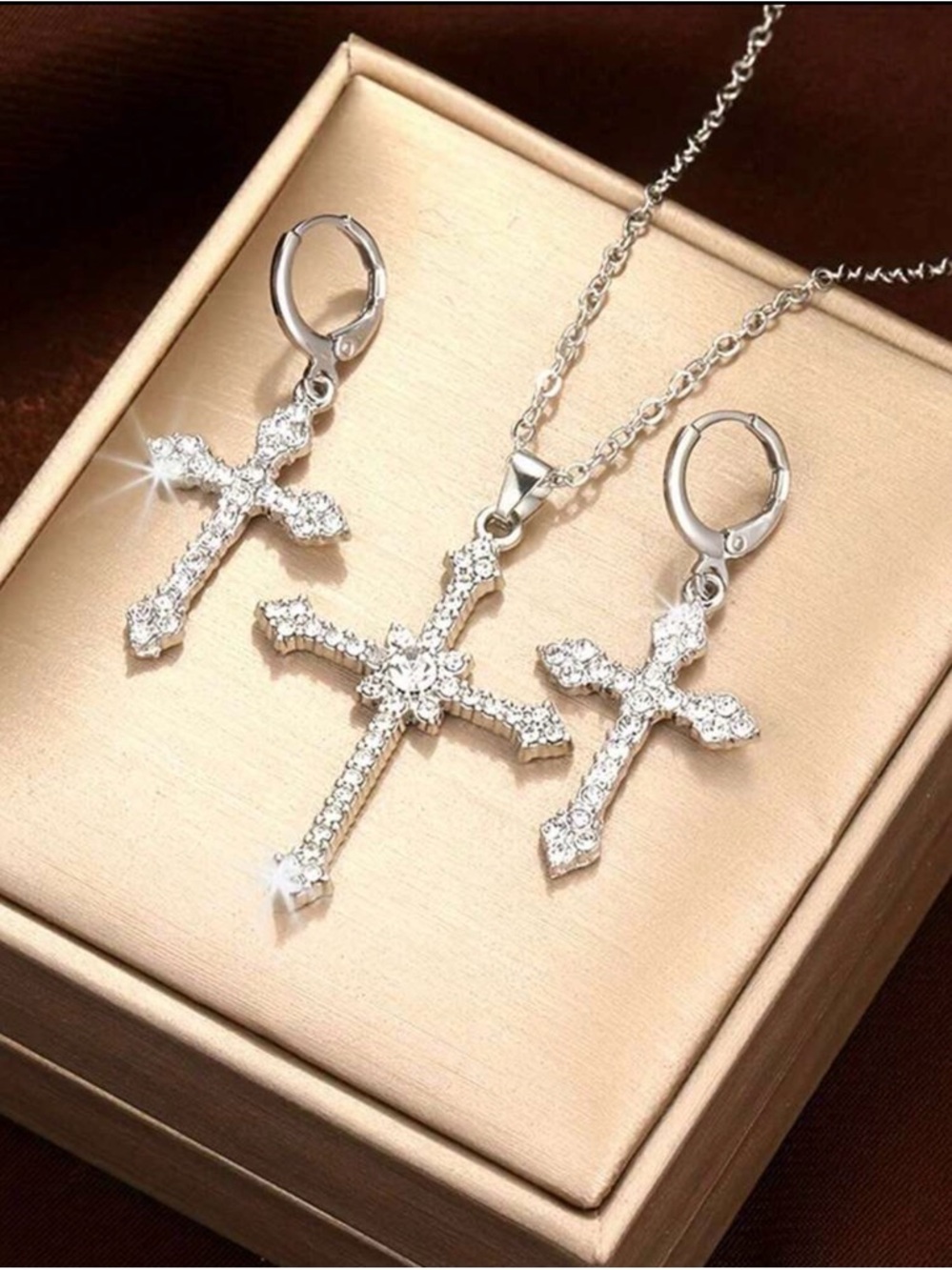 Silver Crystal Cross Pendant Necklace and Earring Set